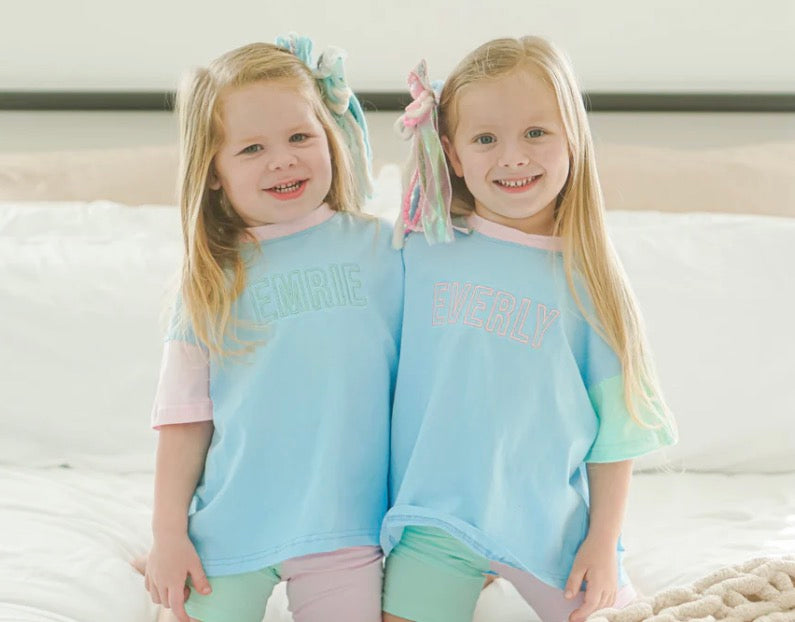 Light blue color block shirt/set