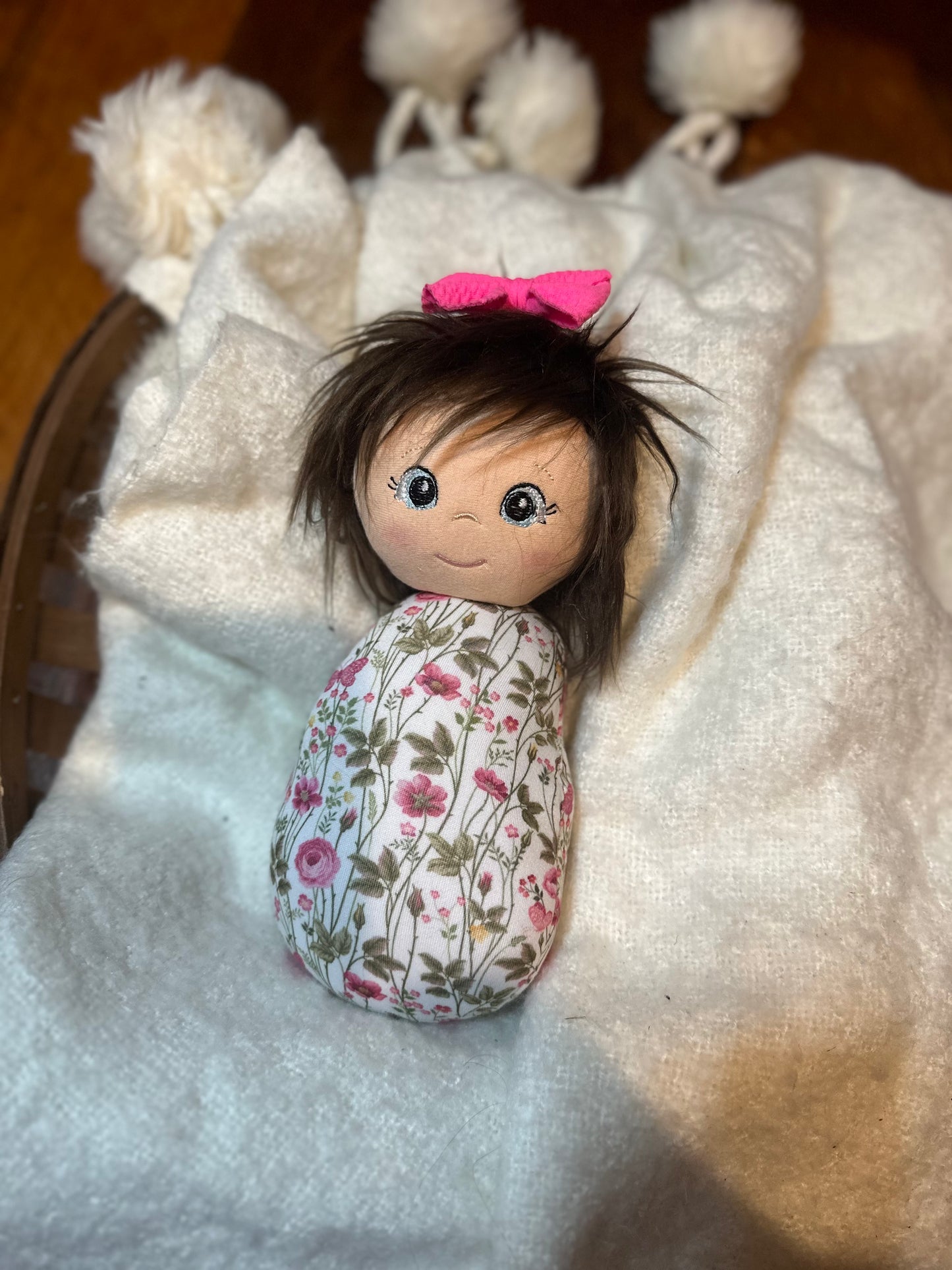 Homemade Doll Fringe fabric with custom skin, eyes and hair.