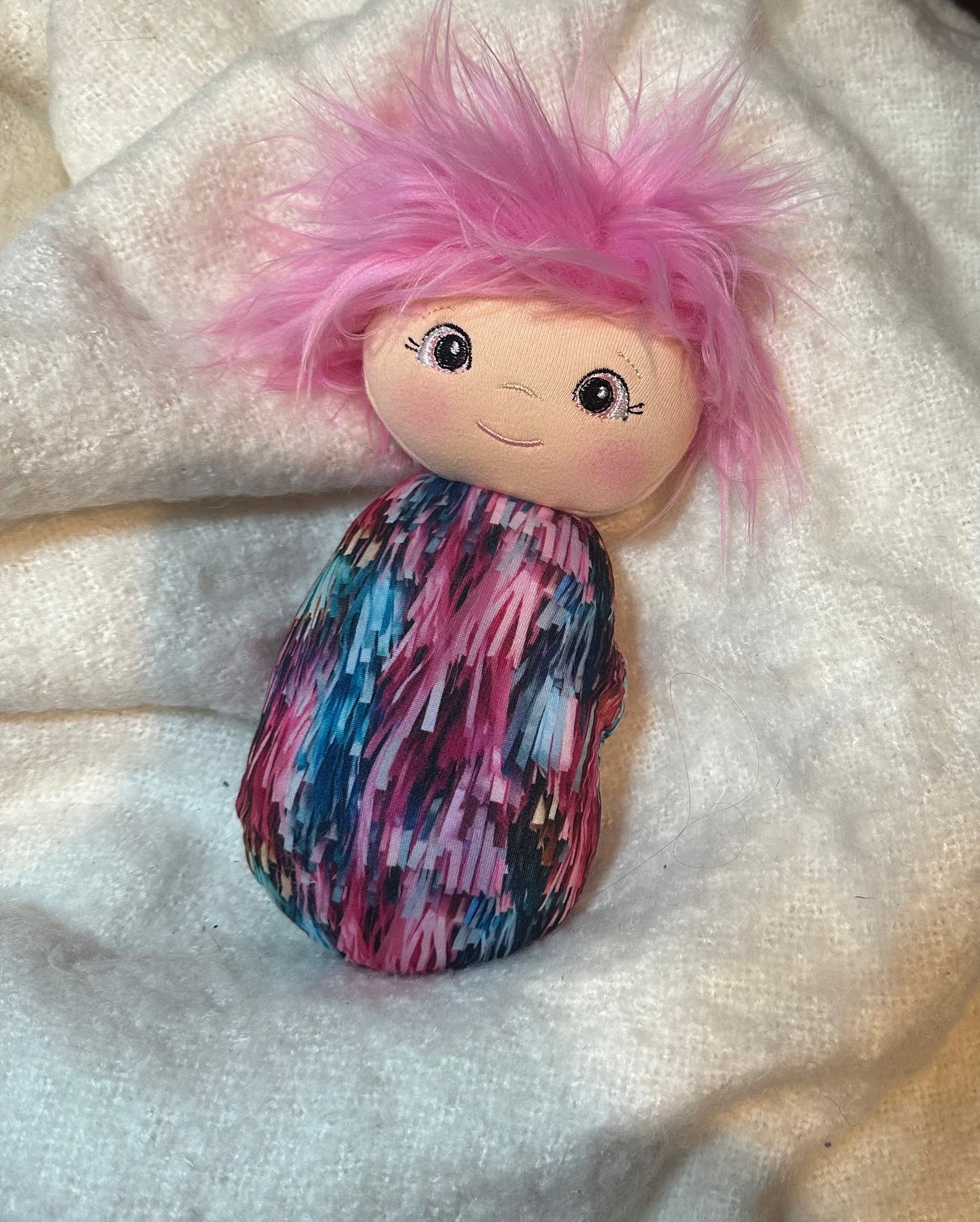 Homemade Doll Fringe fabric with custom skin, eyes and hair.