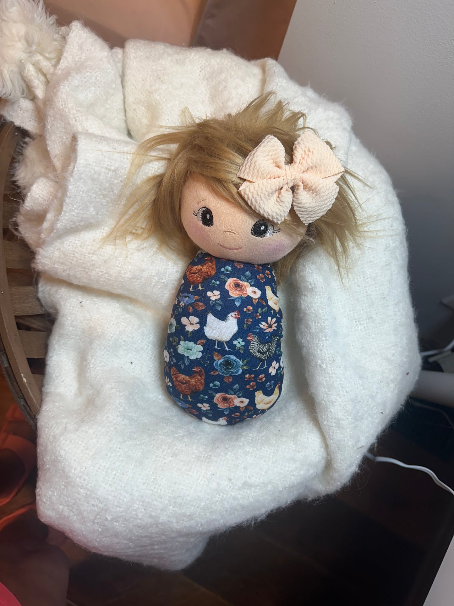 Homemade Doll Fringe fabric with custom skin, eyes and hair.